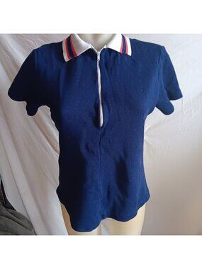 Vintage 70's Top Women's Medium 1/4 Zip Polo Top Shirt Sears Nylon Ringer Blue